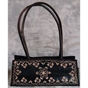 Aldo Black Leather Purse Handbag Cream Beige Stitched Embroidered Bag READ